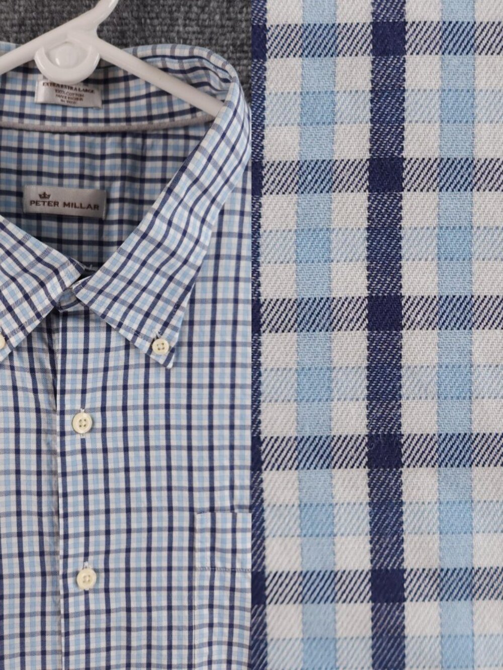 Peter Millar Button-Down Cotton Check 2XL Blue Shirt Mens Long Sleeve Pocket
